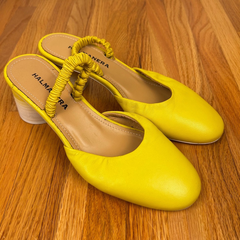 Halmanera Yellow Leather Ruched Strap Block Heel Mules Made in Italy Size 37